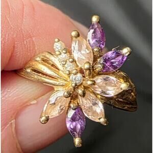 925 Sterling Silver Gold Plated Amethyst CZ Floral Cluster Ring Size 7